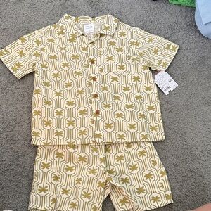 Little Co. Palm-Print Short Pajama Set - Cream & Olive